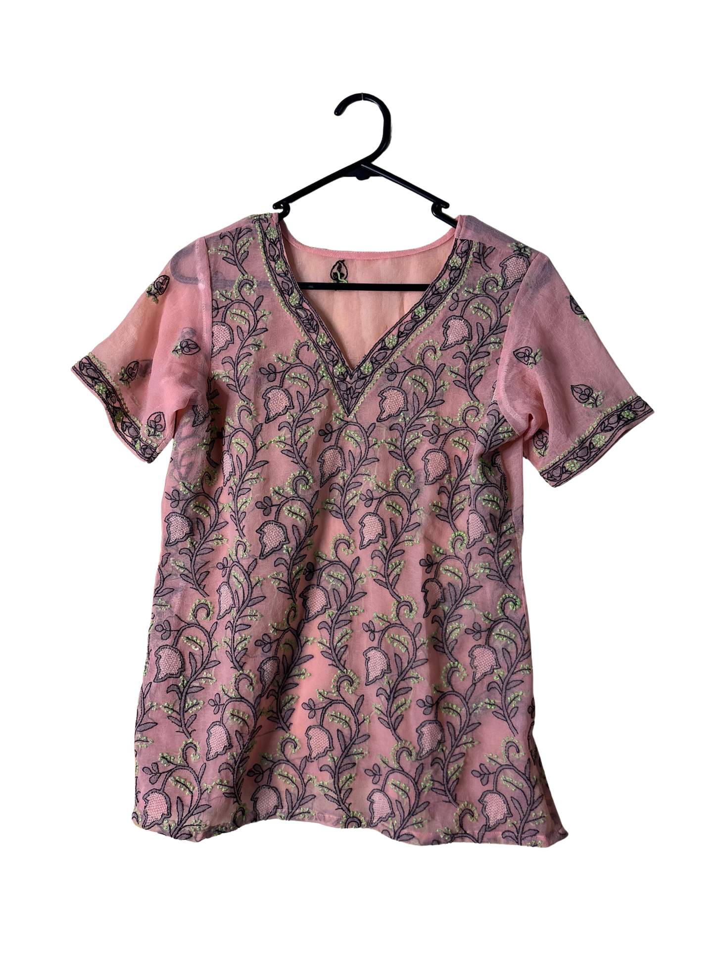 Light Pink Short Sleeve V Neck Embroidered Top