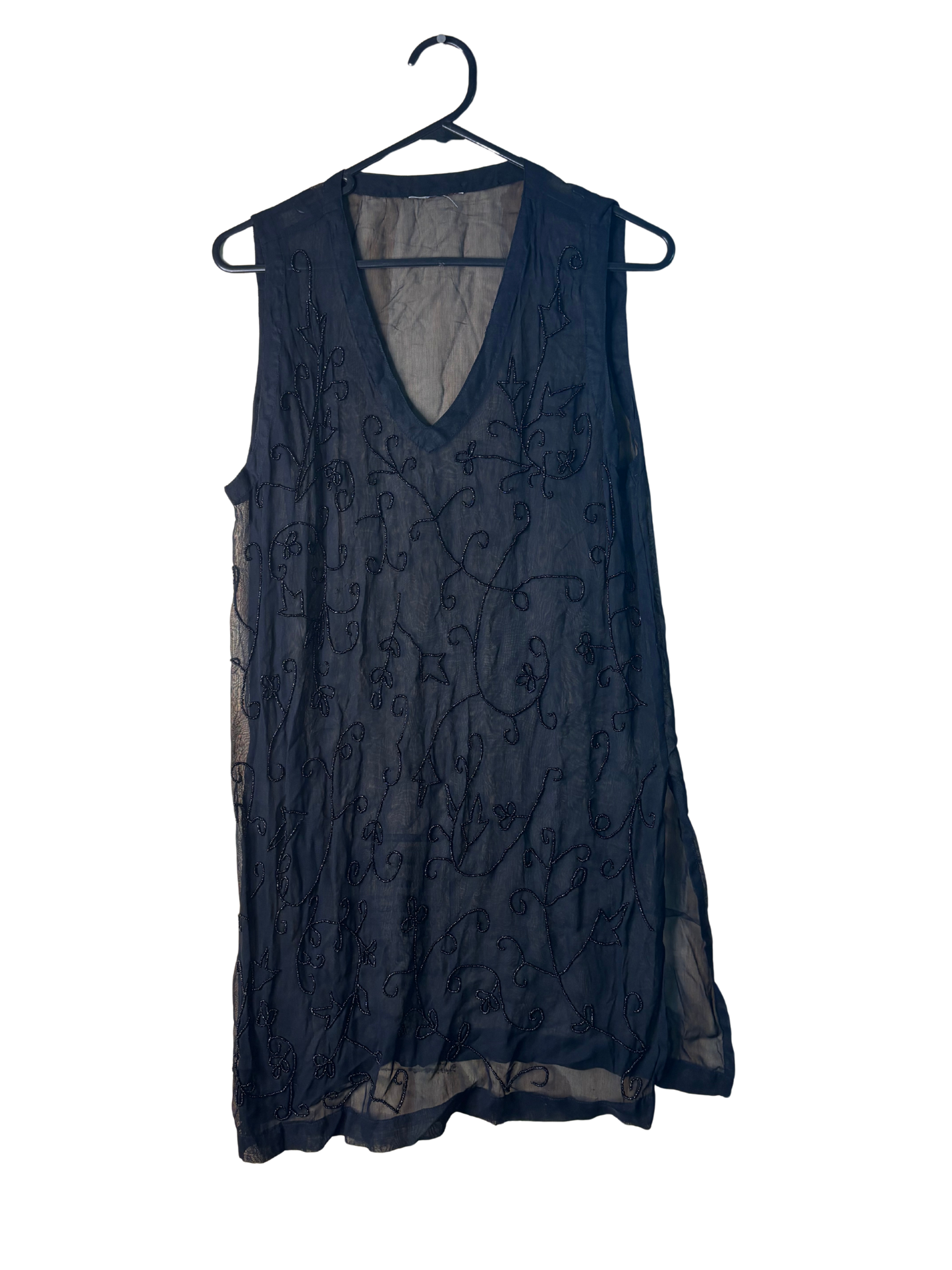 Black Sheer Sleeveless Long Beaded Top