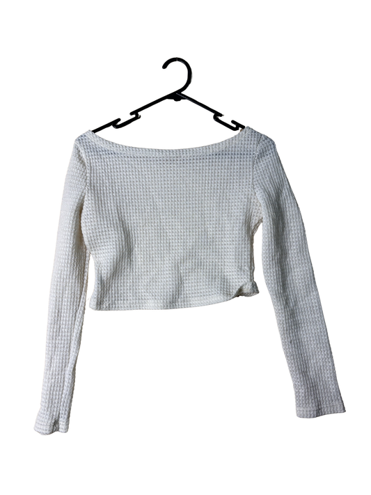 Cream Boatneck Long Sleeve Crop Waffle Knit Top