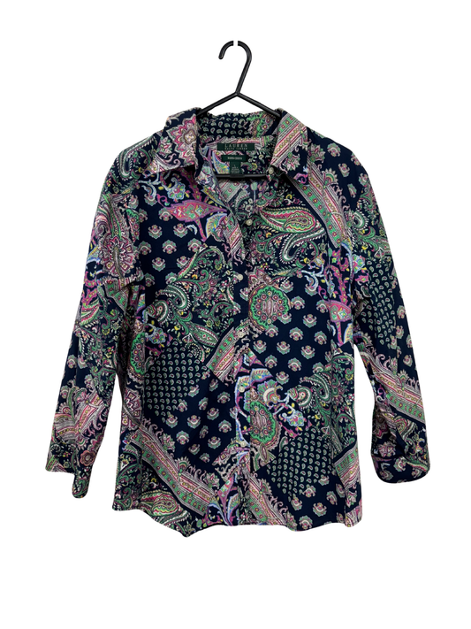 Navy, Green & Pink Paisley Print Long Sleeve Button Up Shirt