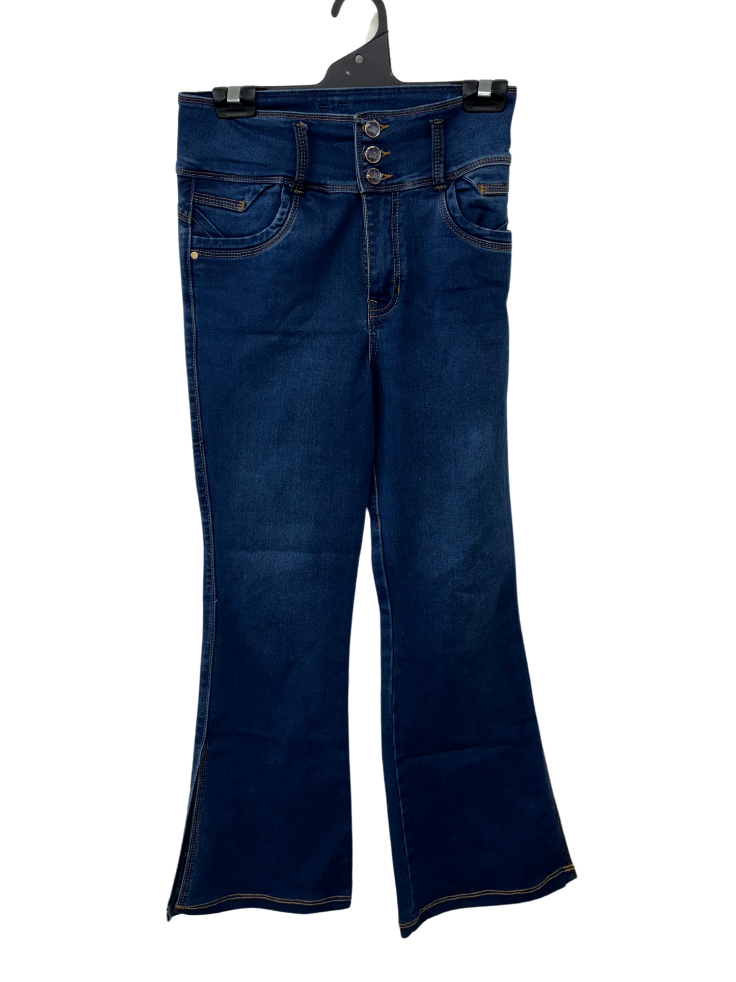 Dark Blue Highwaisted Stretch Flare Ankle Jeans with Split