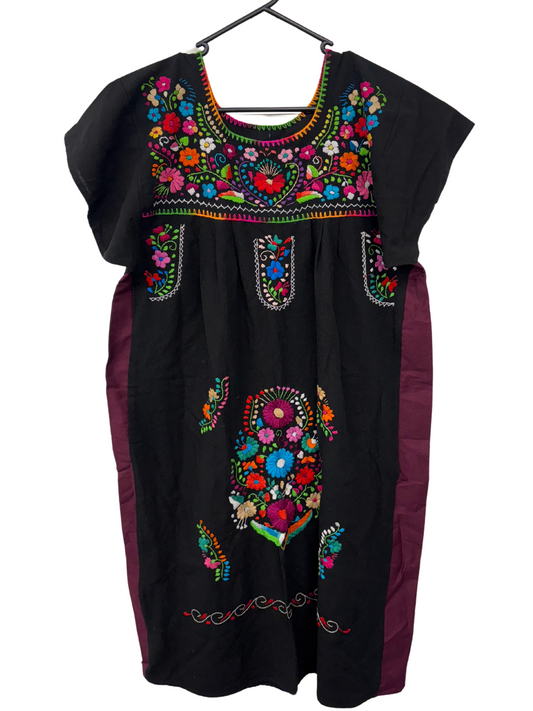 Black Short Sleeve Midi Dress with Multicolour Folk Floral Embroidery and Maroon Side Panels