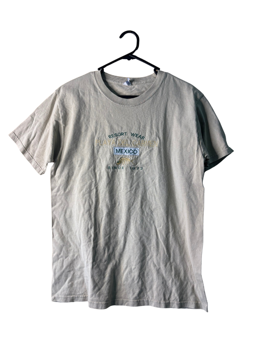 Vintage Beige Short Sleeve T Shirt with Gold & Green 'Playa Del Carmen' Logo
