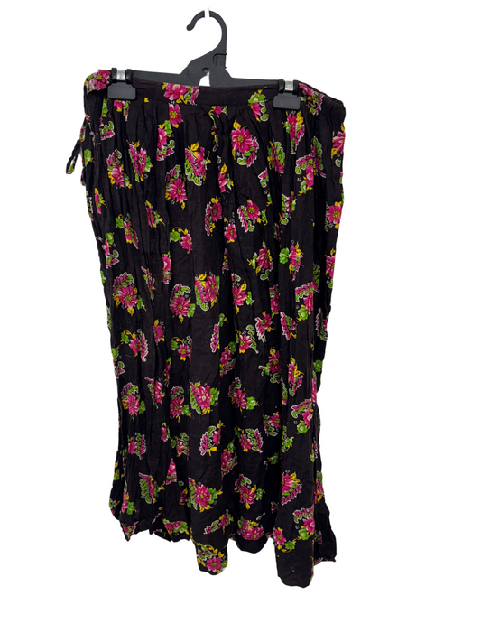 Brown, Hot Pink, Yellow Floral Print Midi Skirt with Adjustable Waist