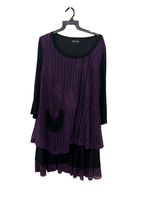 Black & Purple Long Sleeve Layered Lace Midi Dress