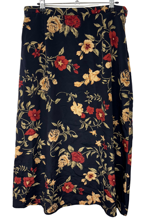 Vintage Dark Blue, Red, Green Floral Print Midi Skirt