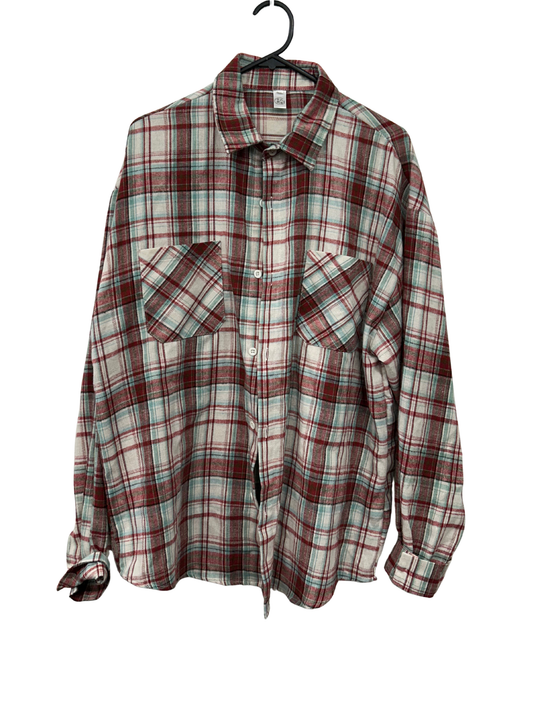 Red, Green & White Plaid Flannel Shirt