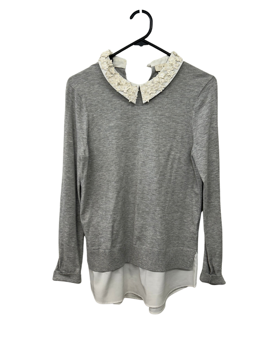 Grey & White Long Sleeve Sweater Top with Textured Collar