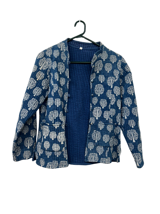 Blue & White Quilted Jacket with Tree Pattern