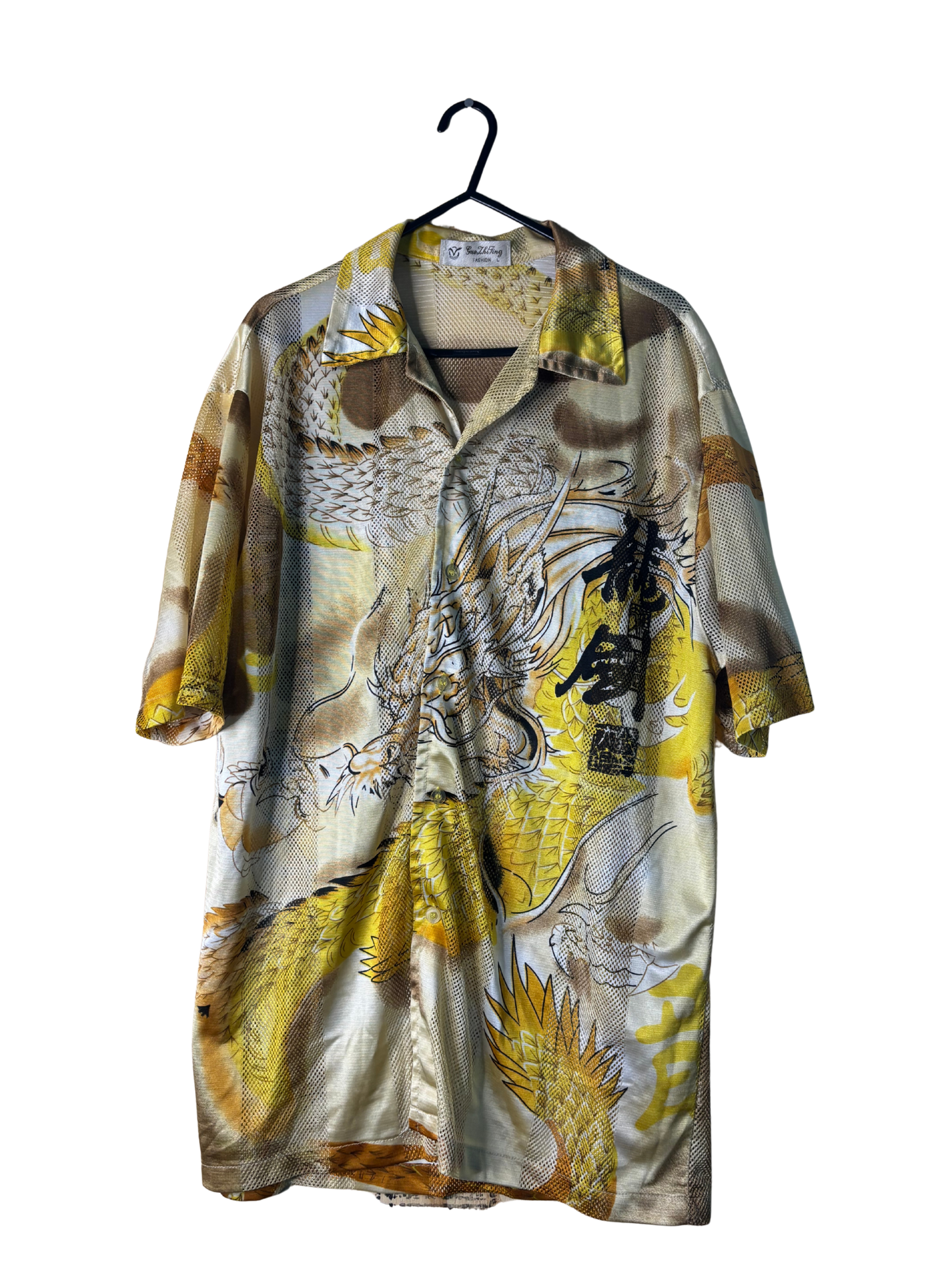Gold, Beige, Black Pattern Mesh Short Sleeve Button Up Shirt