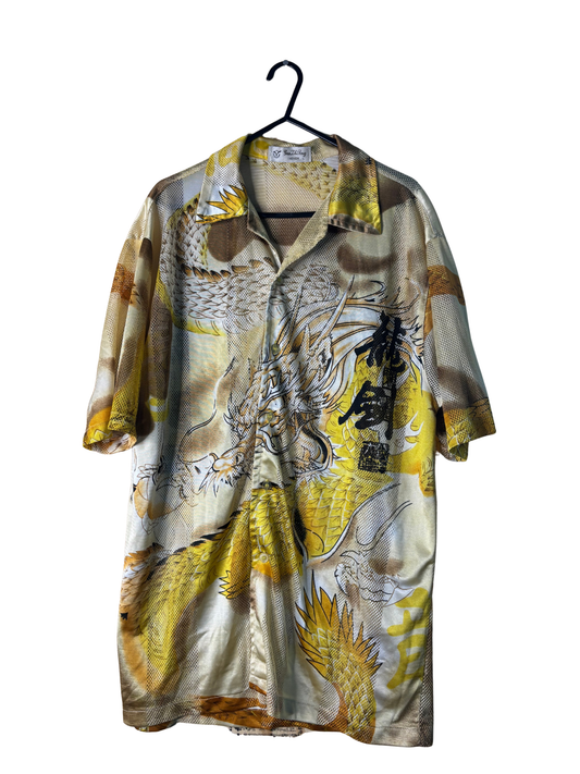 Gold, Beige, Black Pattern Mesh Short Sleeve Button Up Shirt