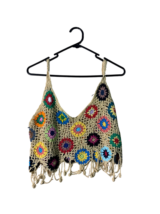 Light Yellow & Multicolour Crochet Strappy Top
