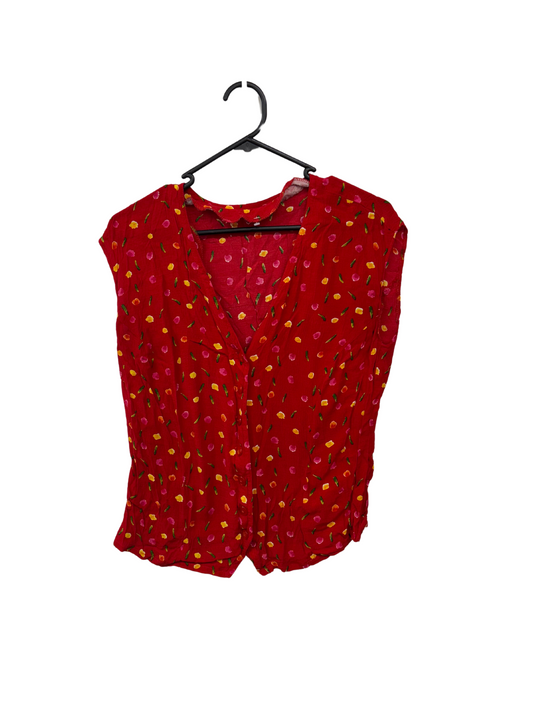 Red, Pink & Yellow Floral Print Sleeveless Floral Button Up Top