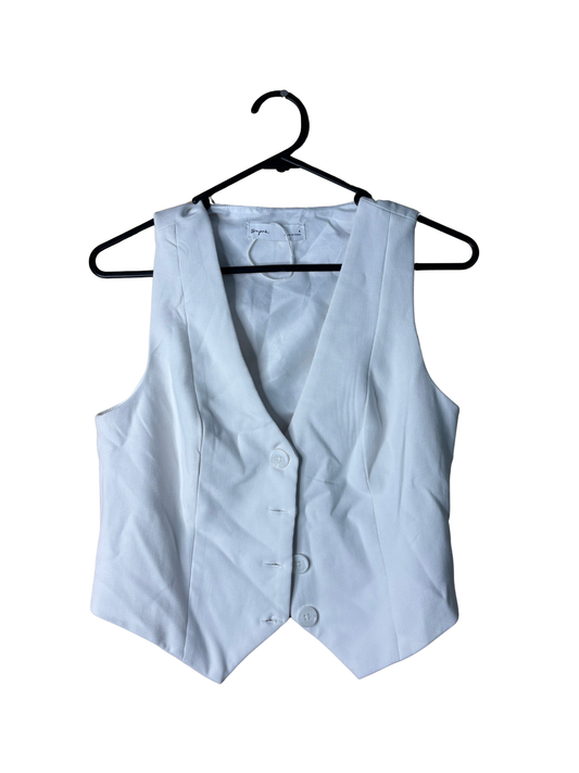White Cropped Fitted Vest Button Up Top