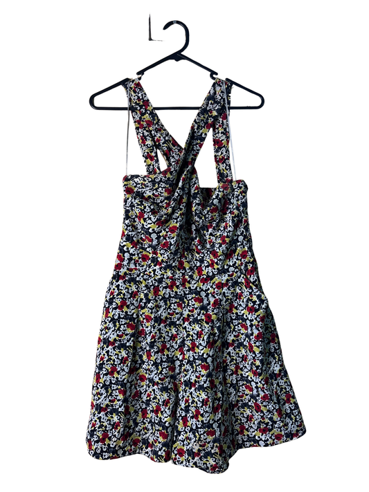 Grey, Black, Blue, Red Floral Pattern Cross Halter Playsuit