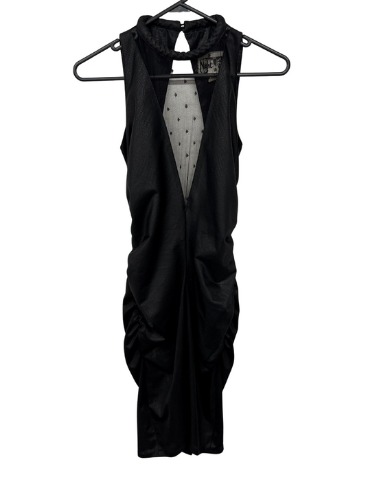 Vintage Black Sleeveless Ruched Deep V Lace Cutout Dress