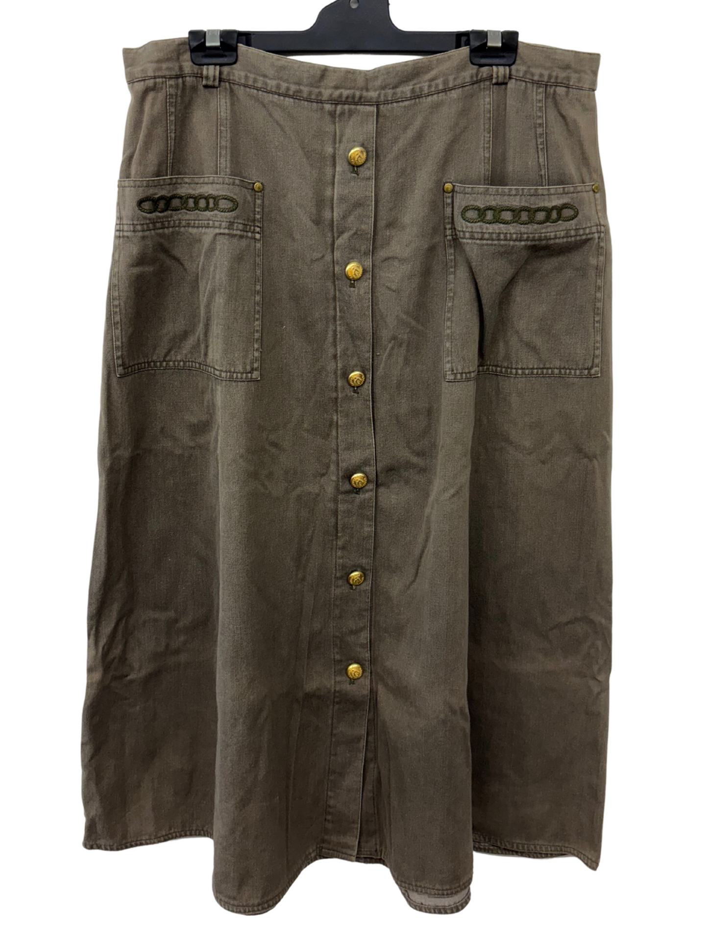 Vintage Army Green Mid Rise Midi Skirt with Gold Buttons