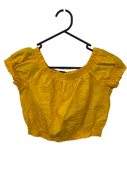 Yellow Brocade Anglaise Puffy Sleeve Crop Top