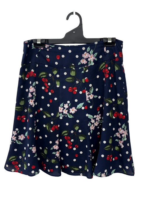 Dark Blue, White, Pink, Red Cherry & Floral Print Pleated Skirt