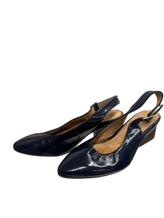 Dark Navy Patent Slingback Wooden Heel Shoes