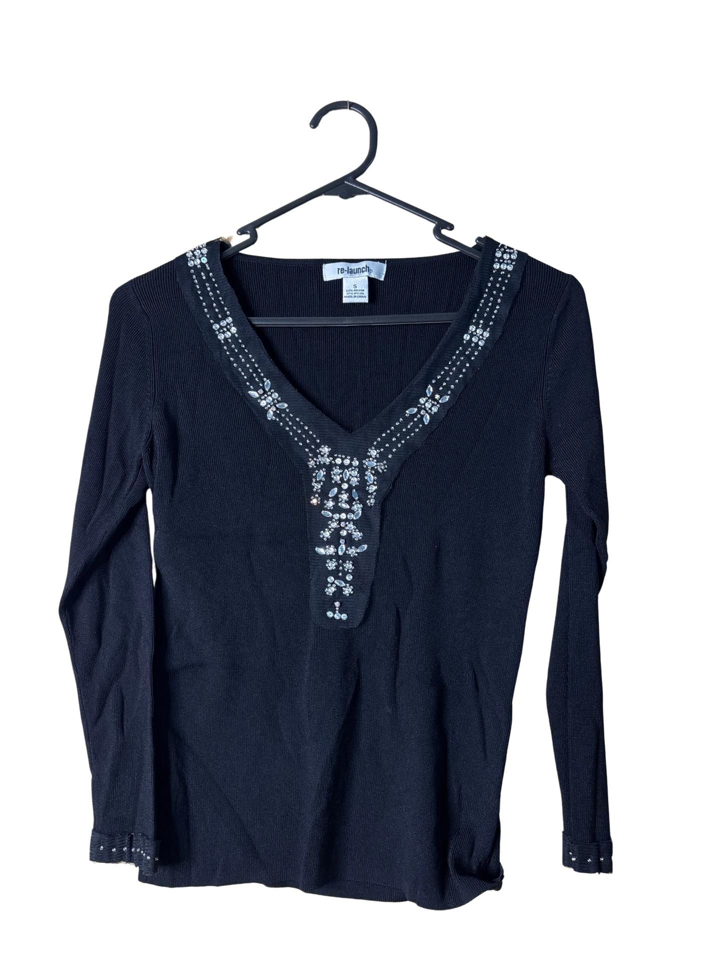 Black Rib Knit Long Sleeve Top with Diamantes & Beading