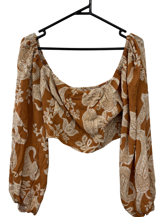Orange & White Paisley Print Long Sleeve Cropped Top