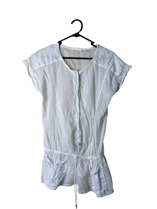 White/Cream Semi-Sheer Short Sleeve Tie Waist Button Top