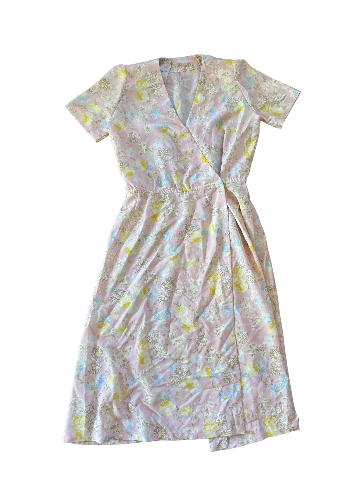 Vintage Light Pink, Blue, Yellow Floral Short Sleeve Wrap Knee Dress