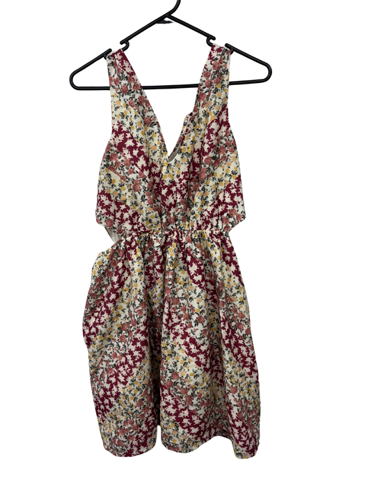 Cream, Red, Green, Yellow Rose Print Cutout Sleeveless Short Dress