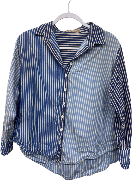 Two Tone Blue & White Striped Long Sleeve Button Up Shirt