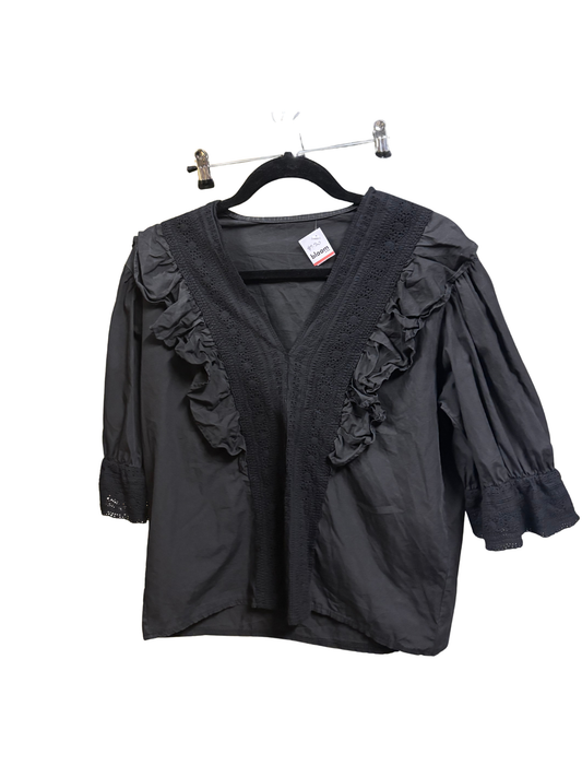 Black 3/4 Sleeve Top with Ruffle & Lace Details