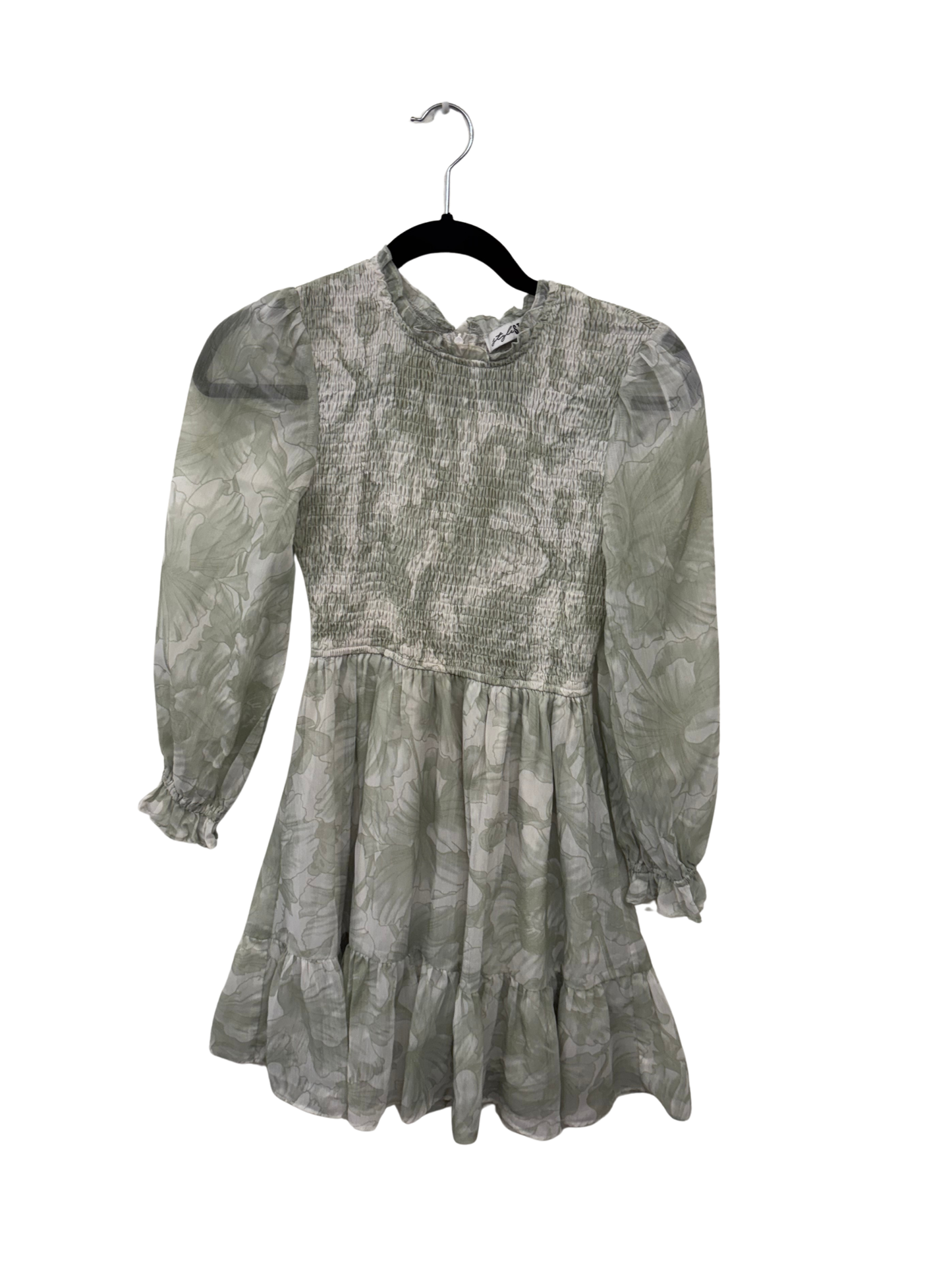 Green & White Floral Long Sleeve Chiffon Short Dress