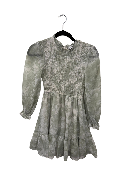 Green & White Floral Long Sleeve Chiffon Short Dress