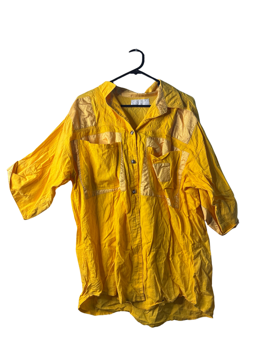 Vintage Yellow Short Sleeve Oversized Shirt with Panels