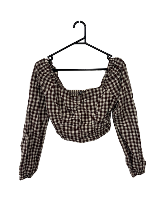 Cream & Brown Check Logn Sleeve Crop Top