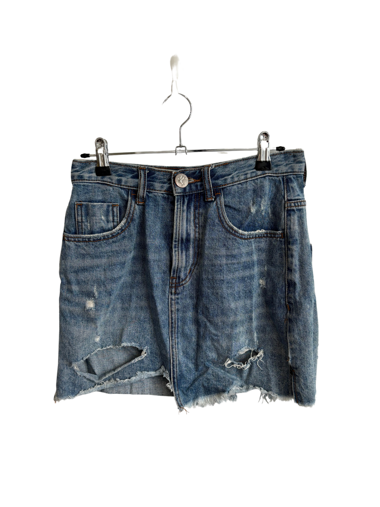 Blue denim clearance skirt with rips