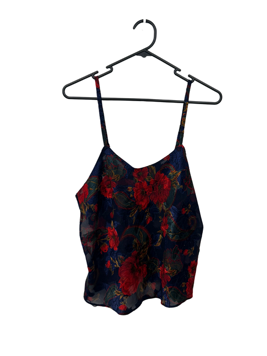 Navy, Red & Green Semi-Sheer Floral Strappy Top