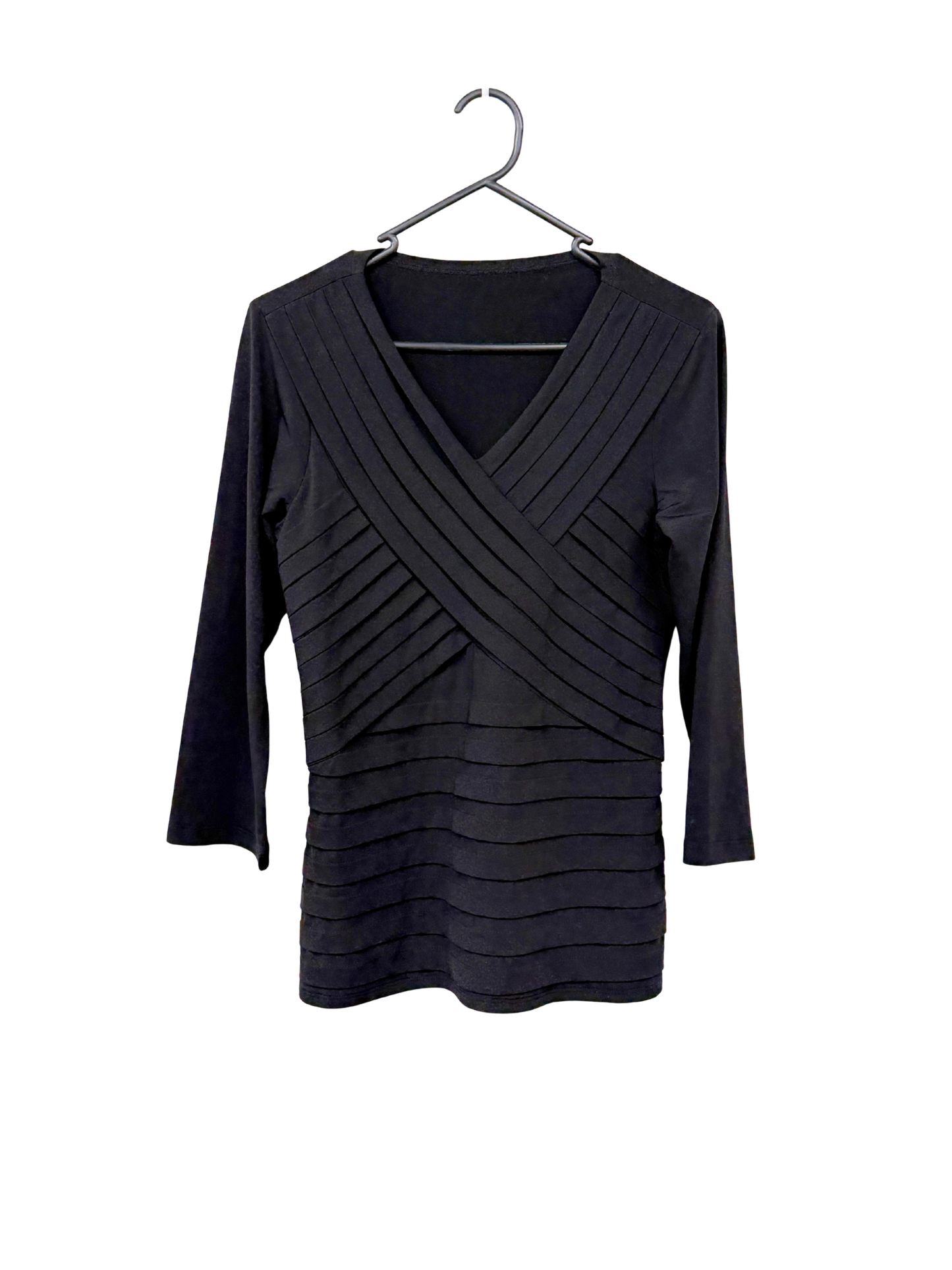 Black Cross Pleated 3/4 Sleeve Top
