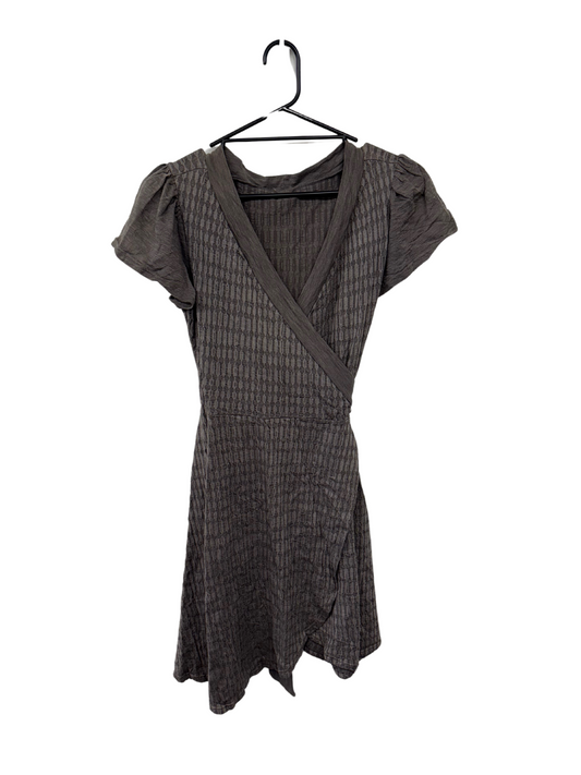 Grey Textured Short Sleeve Stretchy Wrap Short Dress