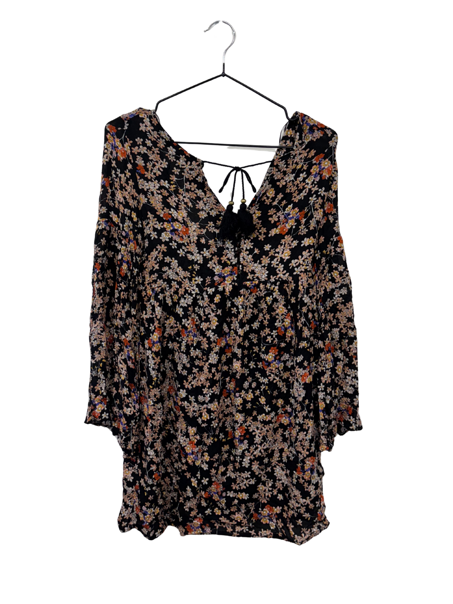 Black & Multicolour Floral Print Long Sleeve Dress