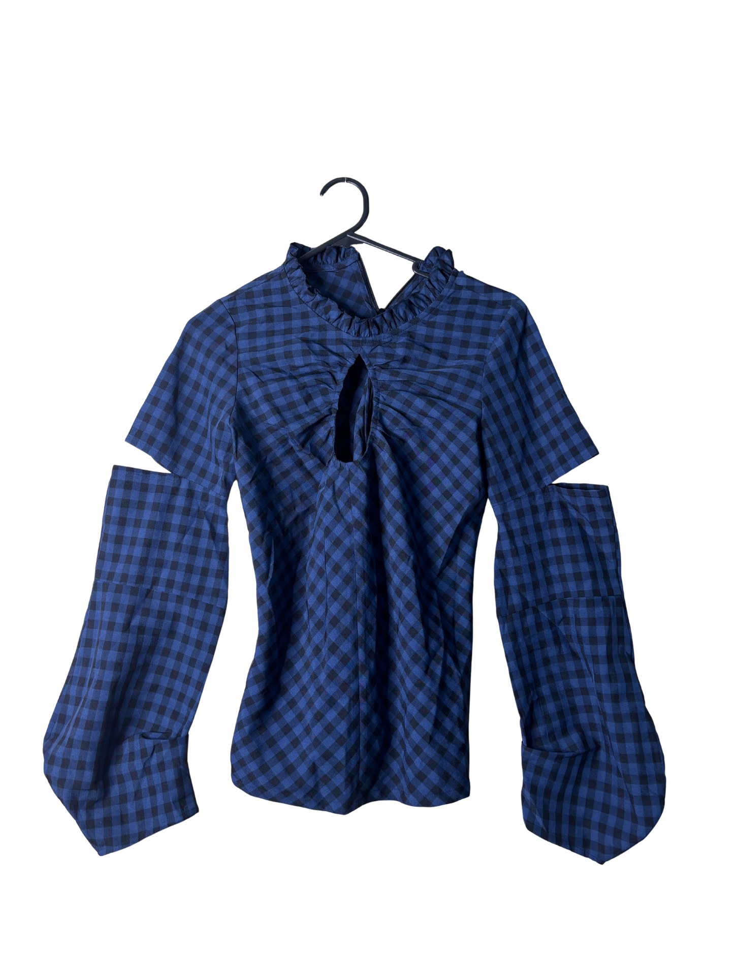 Dark Blue & Black Check Long Sleeve Cutout Top
