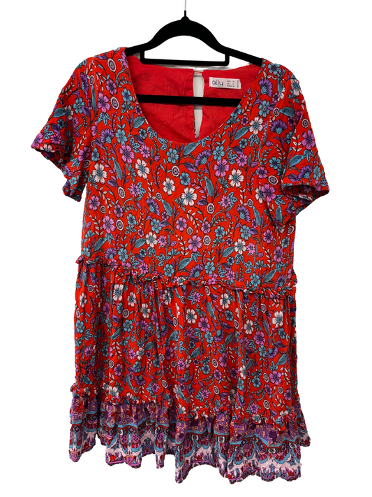 Red, Pink, White & Blue Floral Short Sleeve Dress