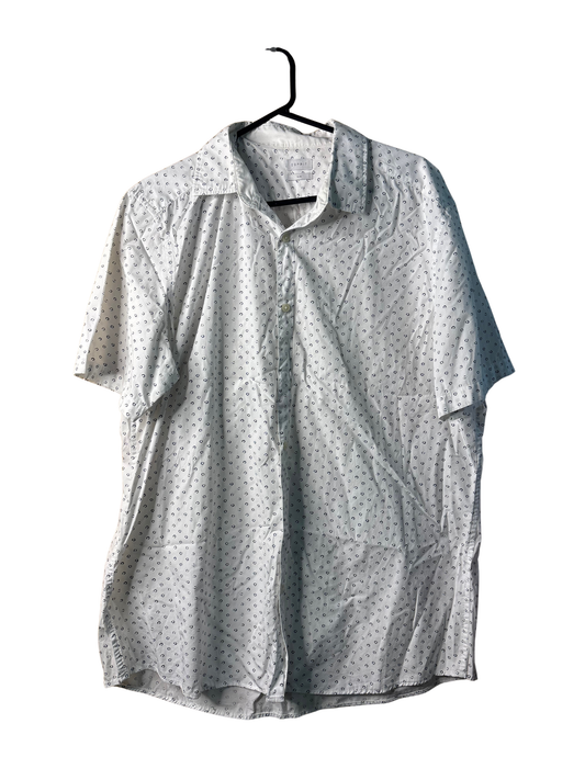 White Short Sleeve Button Up Shirt with Black Pattern 'Slim Style'
