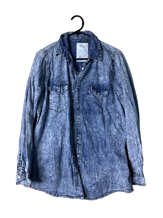 Blue Acidwash Long Sleeve Snap Button Shirt with American Flag Back
