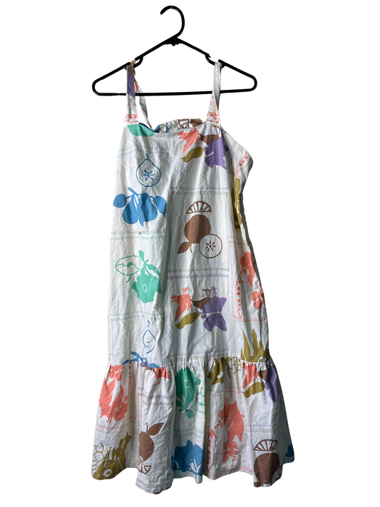Vintage White & Multicolour Floral Pattern Strappy Midi Dress