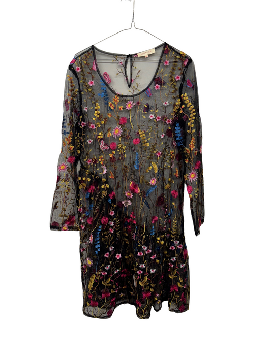 Black Long Sleeve Sheer Mesh Knee Length Dress with Embroidered Floral Print