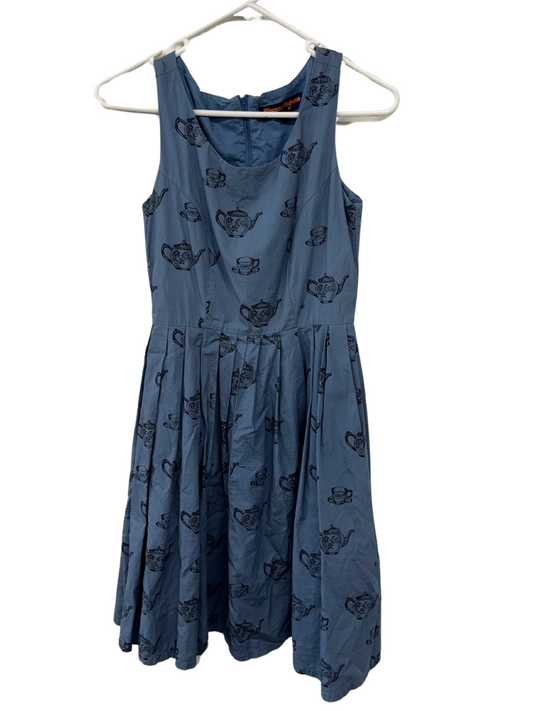 Blue Sleeveless Knee Length Dress with Black Teapot Print