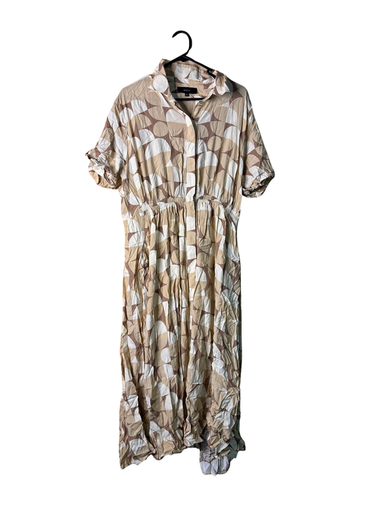 Cream, White, Brown Short Sleeve Button Up Midi/Maxi Dress