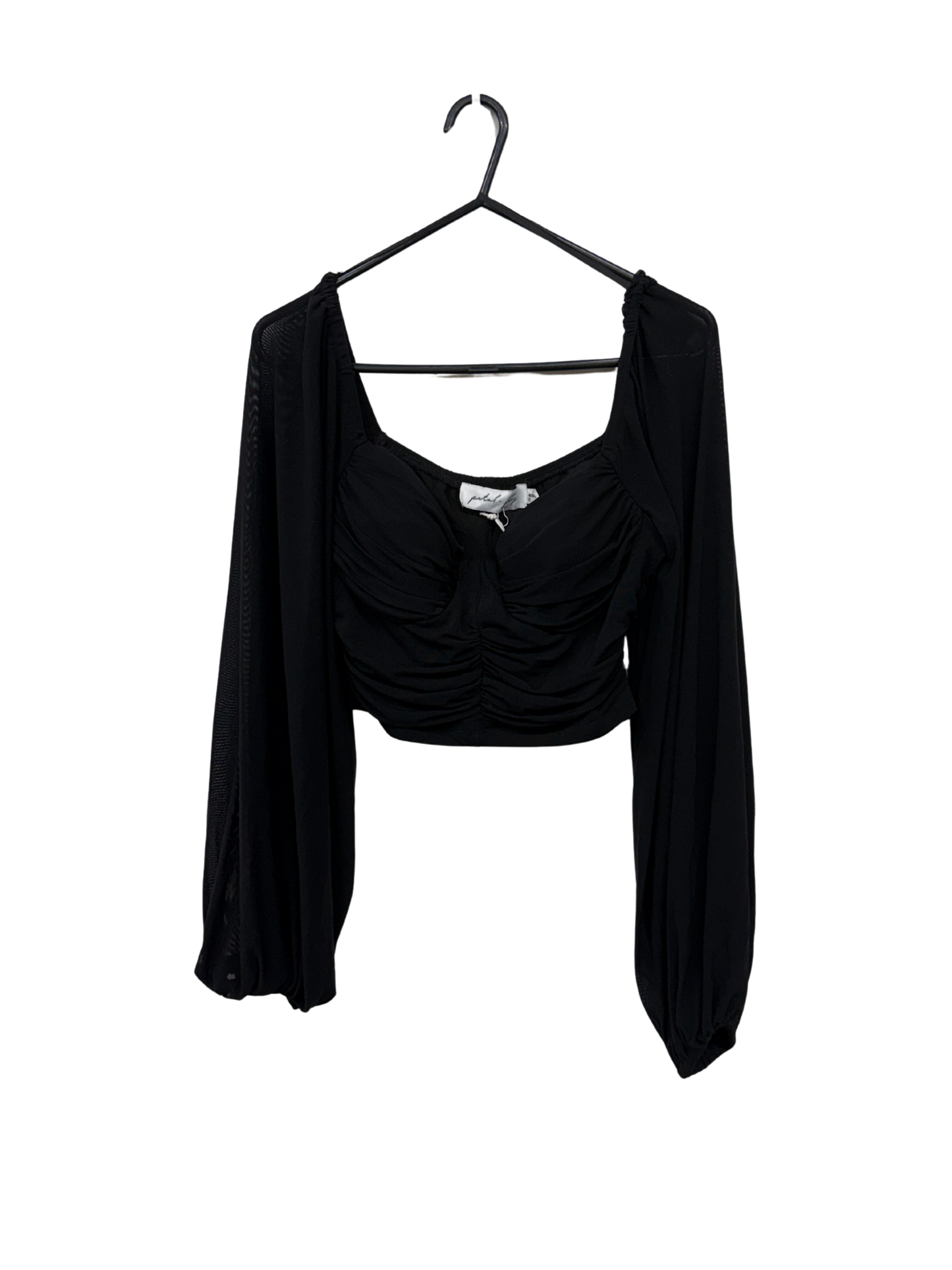 Black Semi-Sheer Puff Long Sleeve Ruched Crop