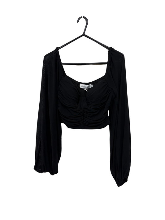Black Semi-Sheer Puff Long Sleeve Ruched Crop